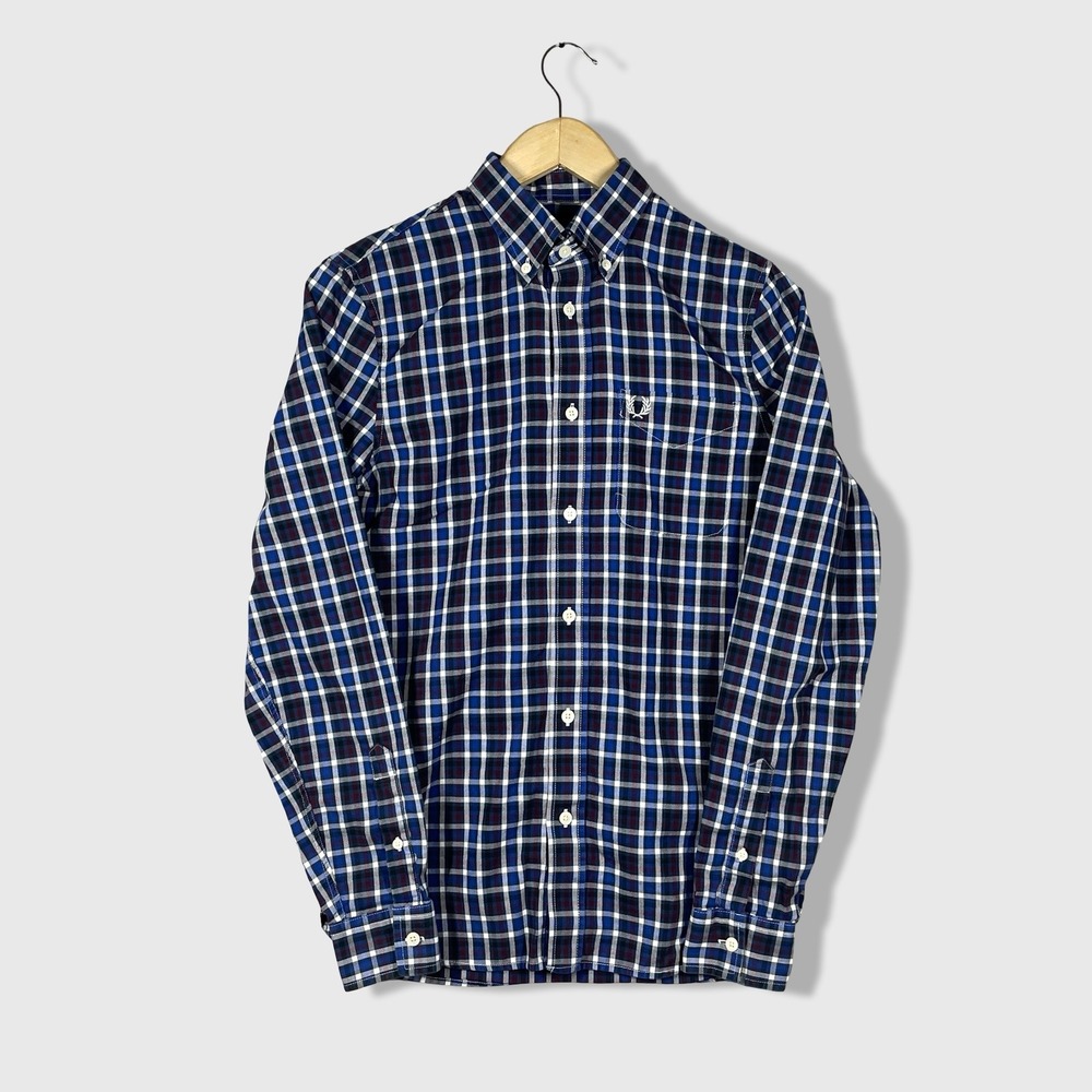 Fred Perry Button Down Shirt Mens XS Blue Plaid Preppy Mod Casual Long Sleeve